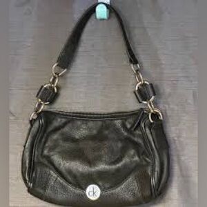Calvin Klein Black Leather Shoulder Bag with Silver Accents
